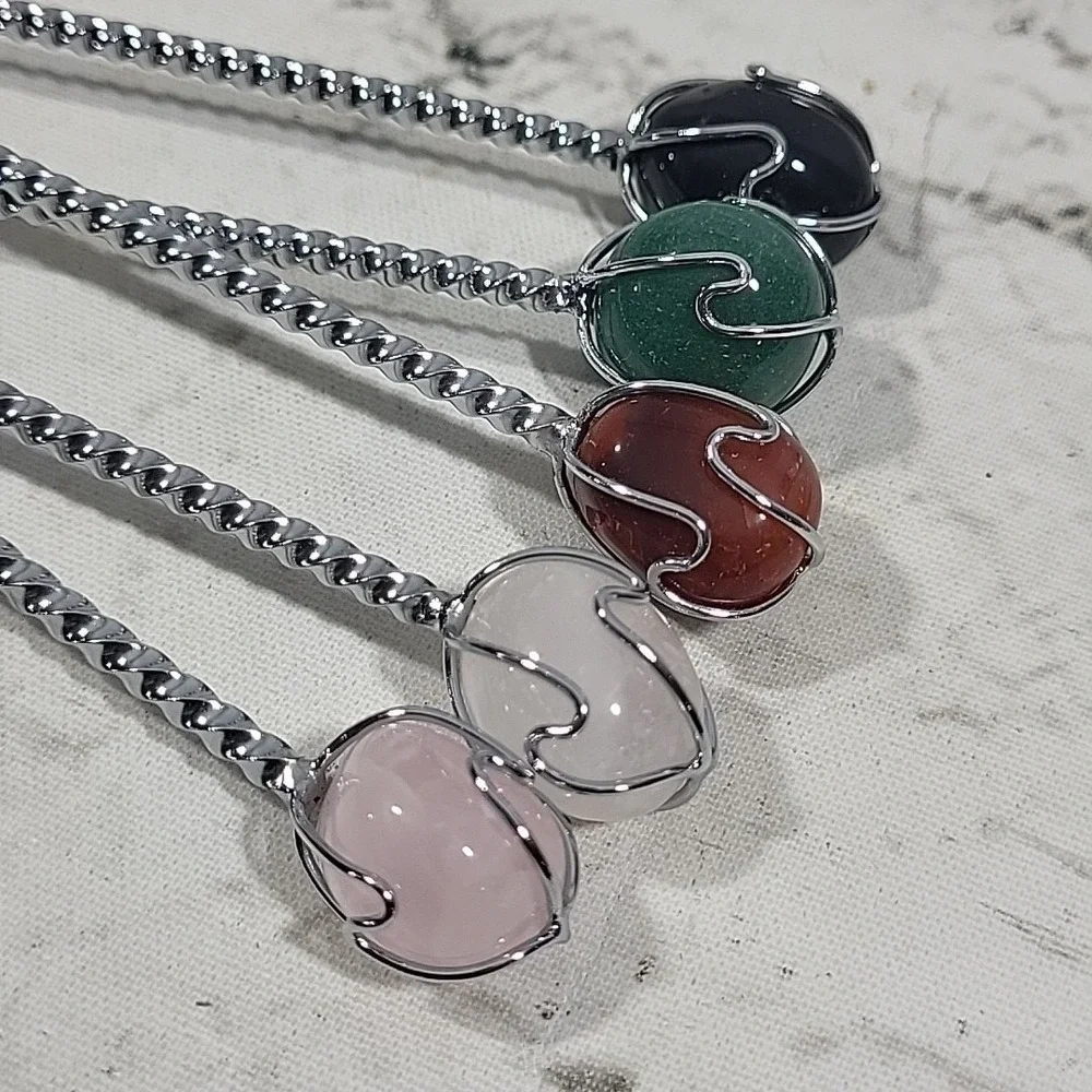 Quartz Topped Cocktail Sporks Silver-tone Wire‎ Wrapped Glossy Stones Set Of 5